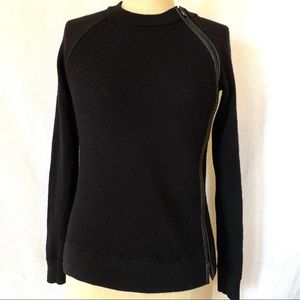 Vince XXS/XS black leather trimmed side zip crewneck sweater